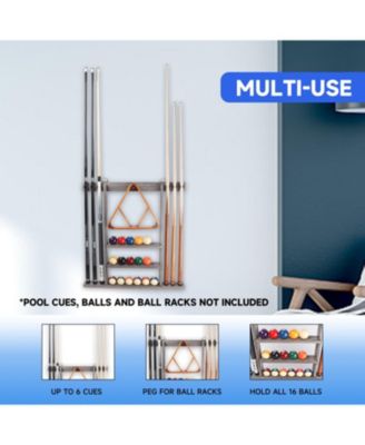 Wood Wall Mounted Pool Cue Rack with Metal Hook, 6 Cue