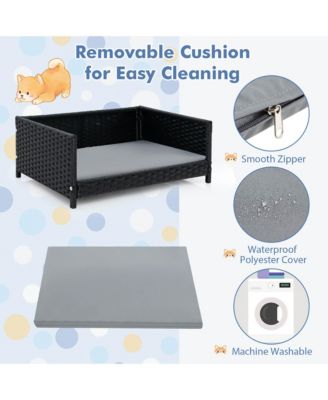 Rattan Dog Bed w/ Waterproof Soft Cushion Metal Frame for Medium Small Dogs Cats