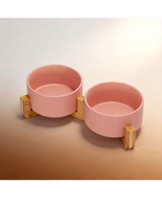 Ceramic Dog Cat Bowl Set with Wooden Stand Modern Weighted Food Water