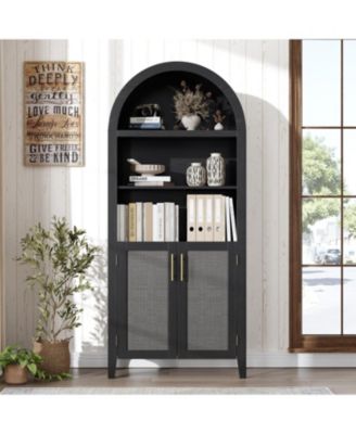 Arched Bookcase with Doors - 5 Tier Open Display Shelf with Rattan Decor, Modern Bookshelf Storage Cabinet for Home Office Living Room Library,