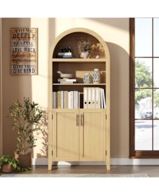 Arched Bookcase with Doors - 5 Tier Open Display Shelf with Rattan Decor, Modern Bookshelf Storage Cabinet for Home Office Living Room Library,