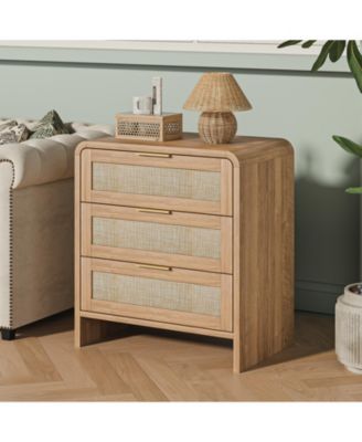 Stylish Rattan Nightstand with 3 Drawers Finish Bedroom Living Room Storage Table