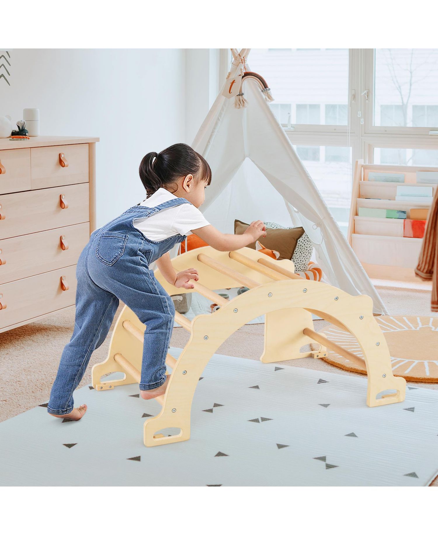 8-in-1 Kids Climbing Arch with Beech Wood Collapsible Storage Bin, 2-Piece Set