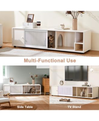 Modern Cream White TV Stand & Cat Litter Box Enclosure with Sliding Door