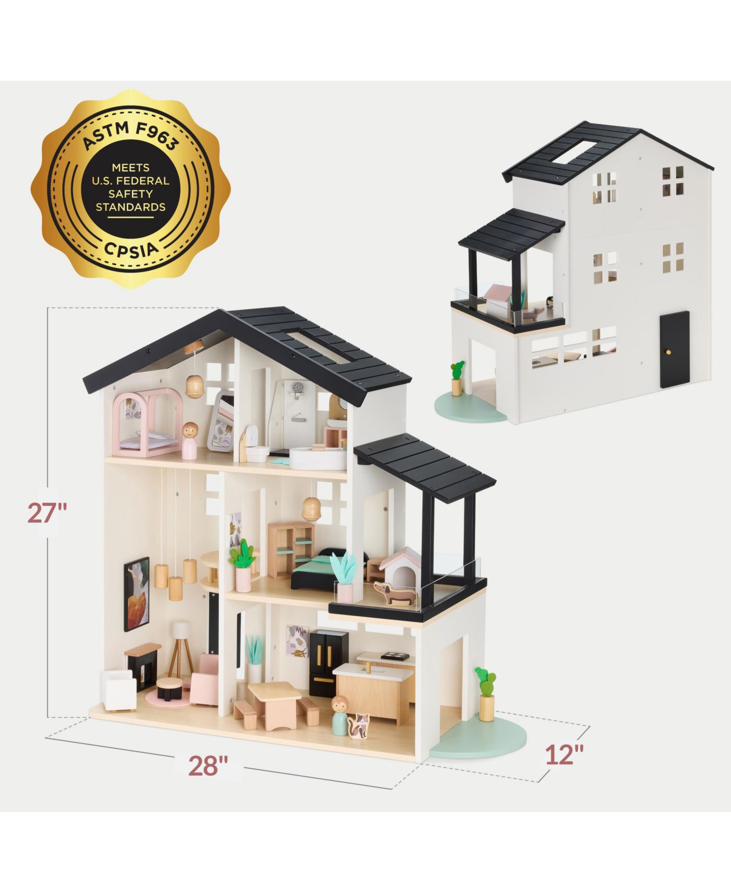Деревянный трёхэтажный кукольный домик Best Choice Products с 40 аксессуарами, цвет: Чёрный — фото 2