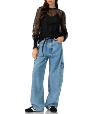 Women's See- Though Polka Dot Smock Sleeve Blouse