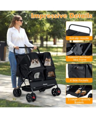 Double Pet Stroller w/ 2-seater Carrier Adjustable Sunshade Removable Pad