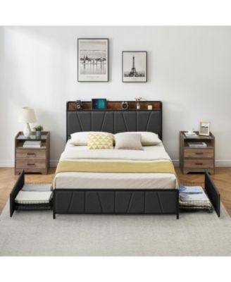 Bed Frame with 2 Drawers Storage Headboard Charging Station No Box Spring Needed