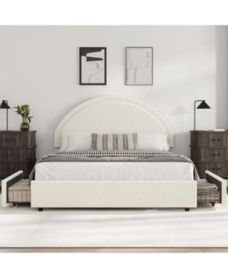 Queen Bed Frame Storage Drawers Upholstered Boucle Platform with Round Headboard Heavy Duty No Box Spring