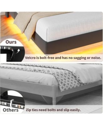 Floating Bed Frame with LED Lights Charging Storage Headboard Folding Shelves Metal Slats.