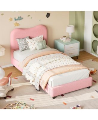 Twin Boucle Kids Bed Frame Upholstered Headboard Low Platform Boucle Fabric No Box Spring Needed