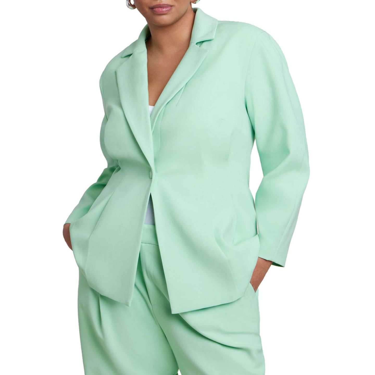 Женский пиджак ELOQUII Pleat Waist Blazer, цвет: Зелёный пепельный — фото 1