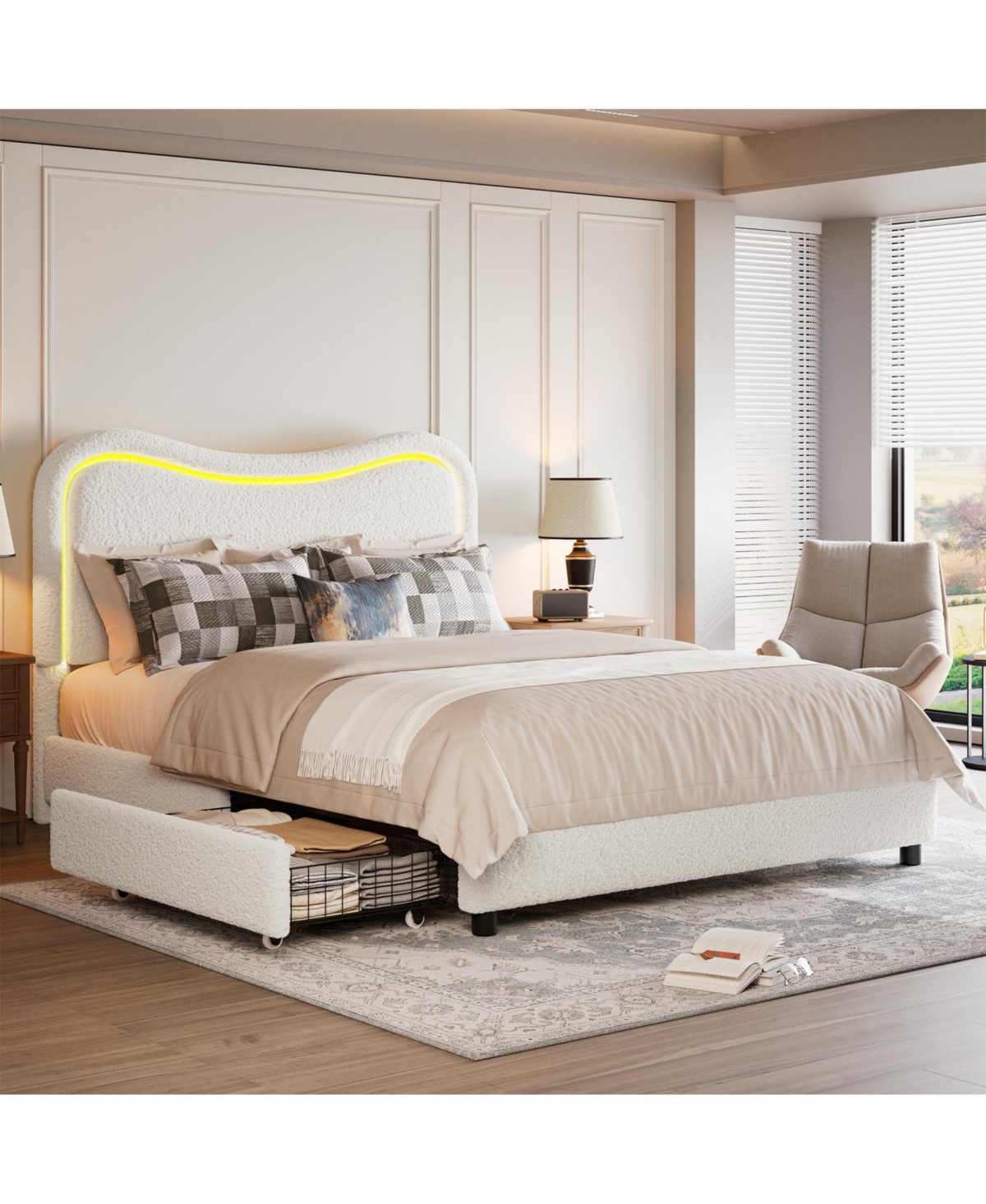 gaomon Platform Bed with Led Headboard, 2 Storage Drawers, Upholstered, Sturdy Wood Slats, Noise-Free