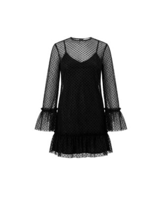 Women's Flocked Polka Dot Short Dress with Wide Long Sleeves