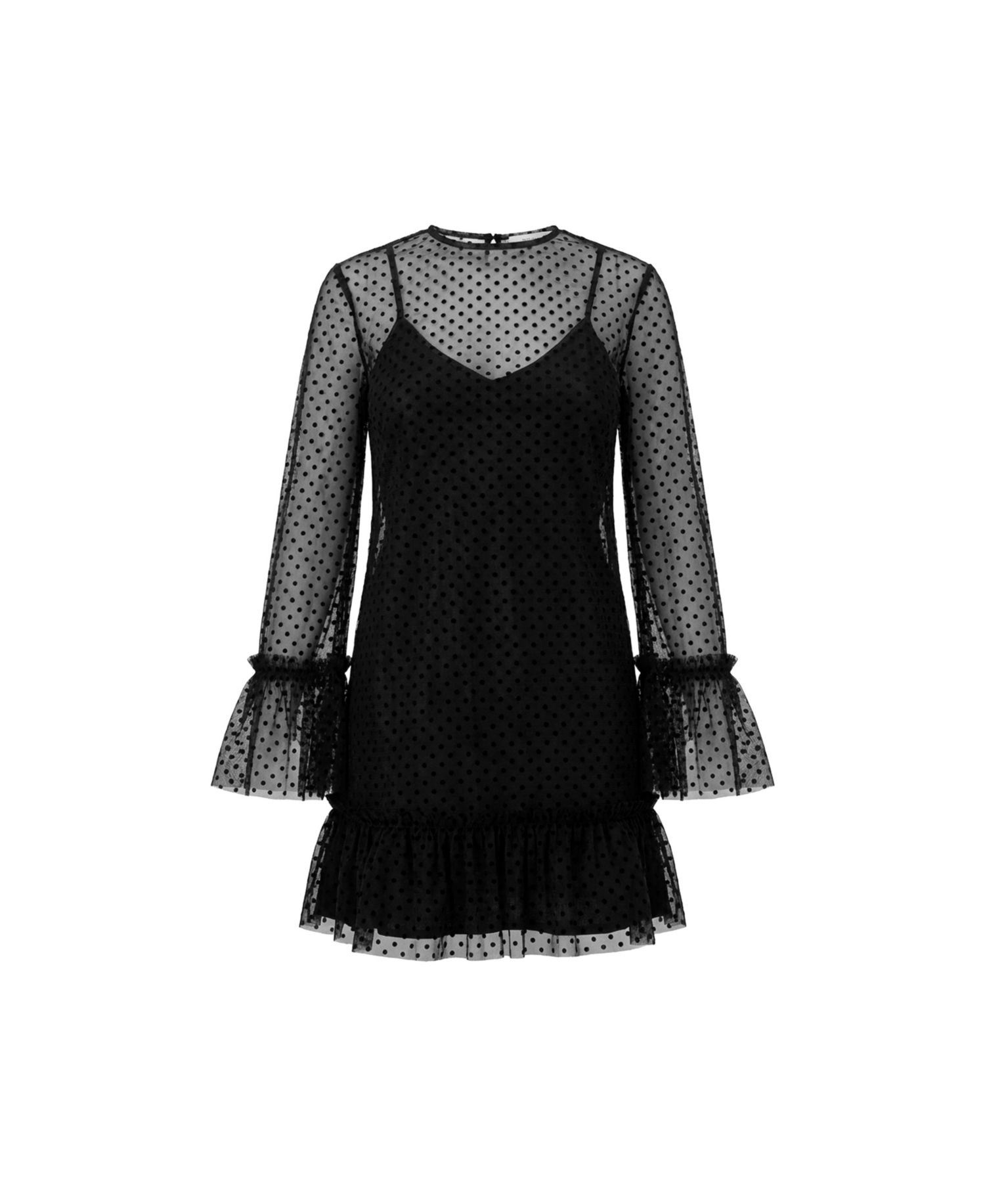 Women's Flocked Polka Dot Short Dress with Wide Long Sleeves