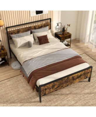 Industrial Metal Platform Bed with Wooden Headboard