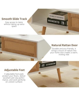 Rattan Coffee Table, Rectangle Wooden Center Tables with Sliding Door and Solid Wood Legs for Living Room, Home Office