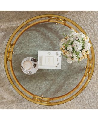 Round Tempered Glass Coffee Table, Modern 2-Tier Center Table, Luxurious Geometric Metal Frame for Living Room, Transparent