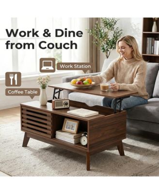 Lift Top Coffee Table with Storage, Mid Century Modern Center Table with Sliding Slatted Door and Hidden Compartment for Living Room