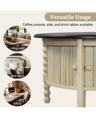 Vintage Round Coffee Table, Fluted Center Table with Sliding Door, Slatted Design for Living Room, Small Space