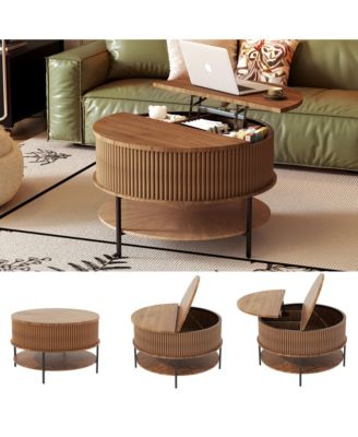 31.5" Farmhouse Lift Top Coffee Table - Round Center Table with Dual-Level Storage and Hidden Compartment for Living Room, Home Office