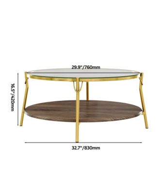 Modern Round Walnut 2-Tiered Coffee Table - Glass Top, Gold Base, Center Table for Living Room