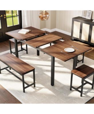 63" Extendable Dining Table Set, Includes 2 Benches & 2 Stools, Modern Table for 8, Easy Assembly