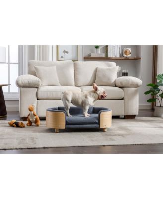  Mid-Size Scandinavian Elevated Dog Bed with Solid Wood Legs and Velvet Cushion