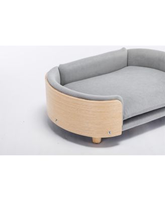  Mid-Size Light Grey  Scandinavian Elevated Dog Bed with Solid Wood Legs and Velvet Cushion