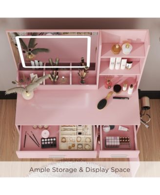Makeup Vanity Table with LED Light Mirror, Charging Station, 2 Drawers and Storage Cabinet, Dressing Table Set with Stool for Bedroom