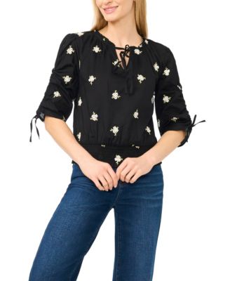 Women's Embroidered Tie-Neck Cotton Blouse