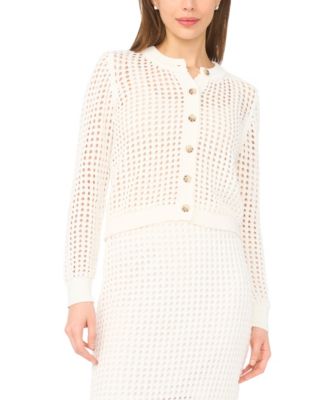 Women's Crew Neck Mesh Long-Sleeve Cardigan Sweater