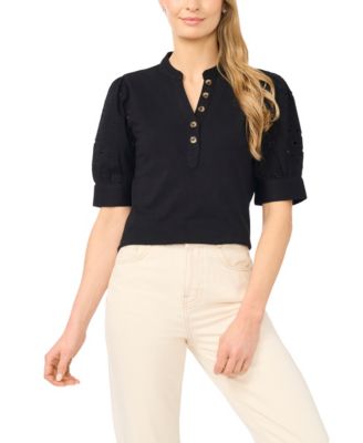 Women's Henley Puff-Sleeve Cotton Top