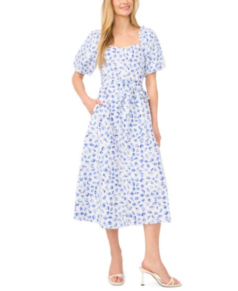 Женское платье CeCe Sweetheart Neck Puff-Sleeve Cotton Midi, цвет: Синий