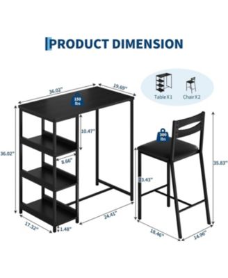 3-Piece Counter Height Dining Table Set, Storage Shelves & Upholstered Chairs, Wooden Table for Small Spaces