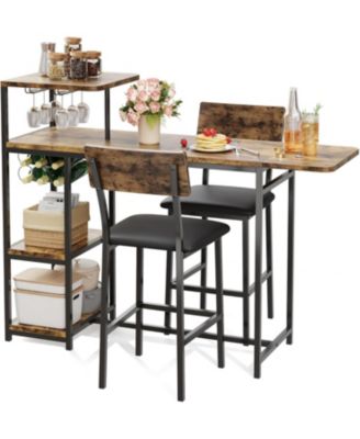3-Piece Expandable Dining Table Set for 2, Compact Bar Height Table w/Storage & Wine Rack, Ideal for Small Kitchens