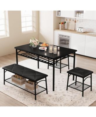 Industrial 4-Piece Dining Table Set for 4, Wood Tabletop Table, 2 Padded Chairs & Bench, Metal Frame Set with Storage