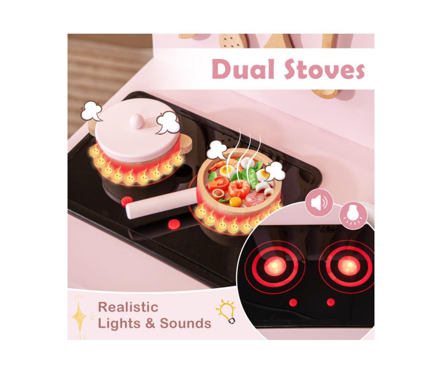 Детский игровой набор HONGGE Kids Kitchen Playset With Lights and Sounds, от 3 лет, цвет: Розовый — фото 6