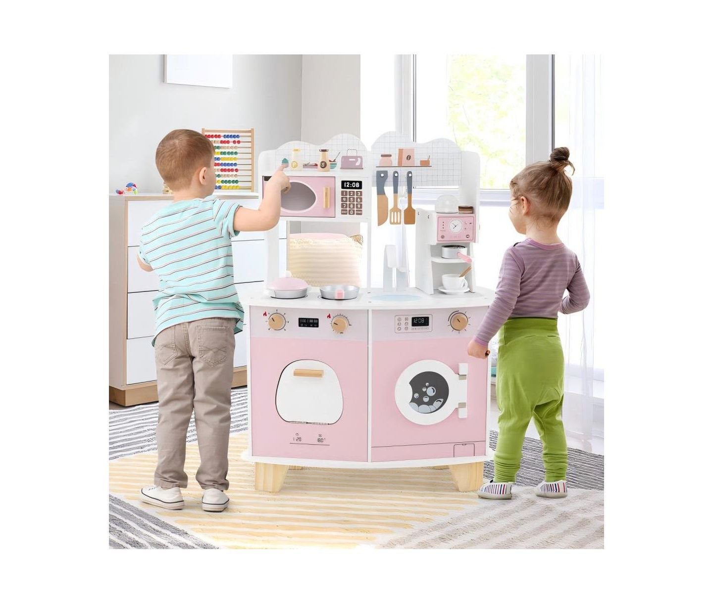 Детский игровой набор HONGGE Coffee Maker Wooden Kitchen Playset, Ages 3+, цвет: Розовый — фото 4