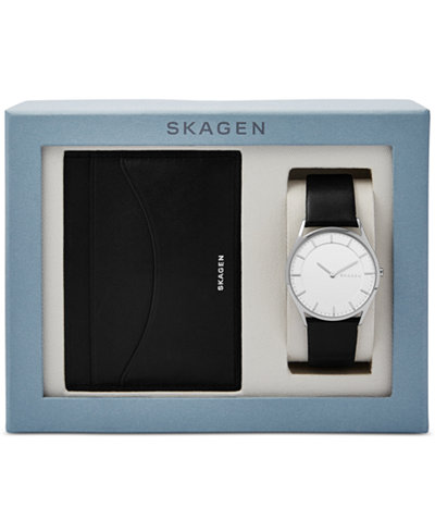 Skagen Men's Slim Holst Black Leather Strap Watch & Wallet Box Set 40mm SKW1077
