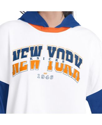 Women's White/Royal New York Knicks Key Player Oversized Hooded Long Sleeve T-Shirt