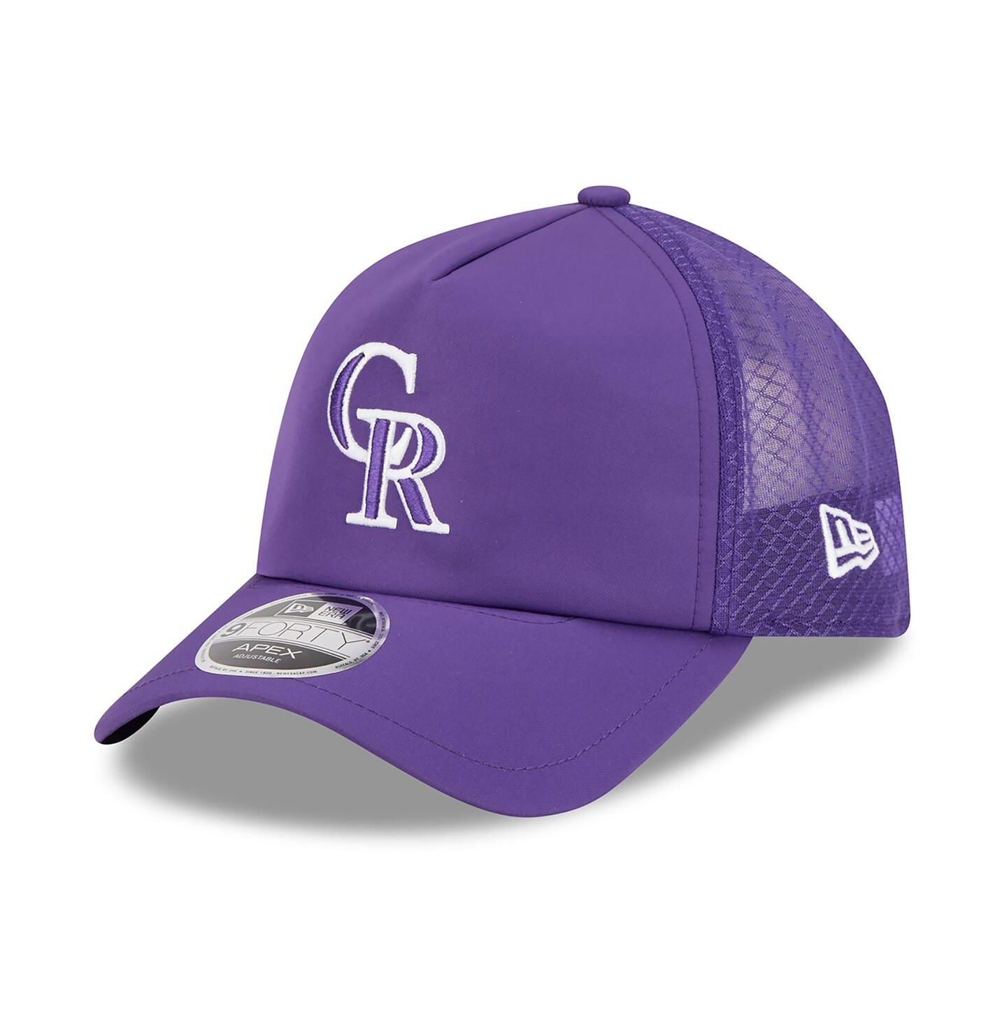 Мужская кепка New Era Purple Colorado Rockies 2026 Batting Practice Apex 9FORTY Adjustable Trucker Hat — фото 1