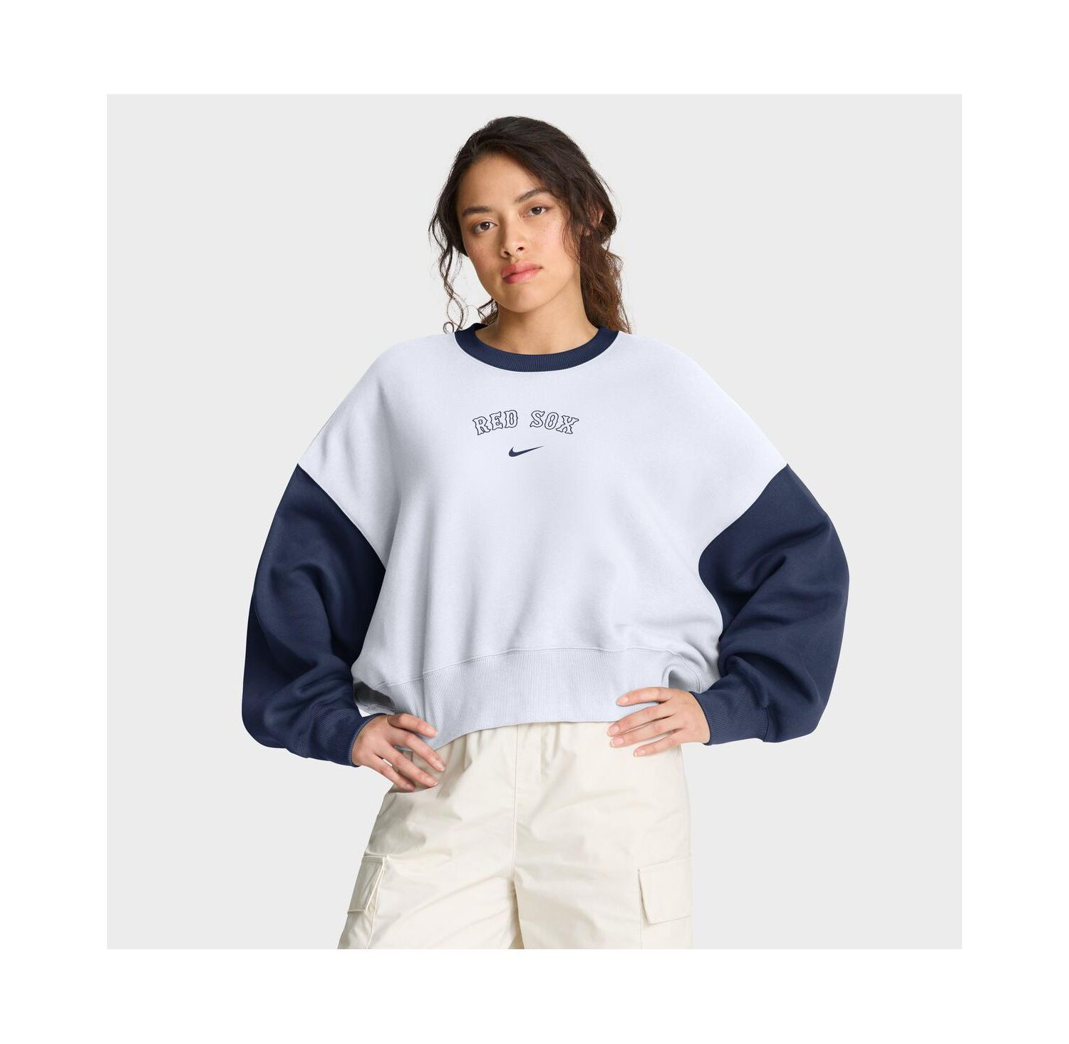 Women's White/Navy Boston Red Sox Oversized High Hip Fleece Sweatshirt