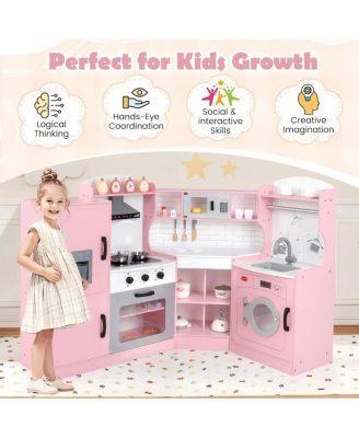 Kids Wooden Corner Play Kitchen Set with Storage and Pretend Cooking Features