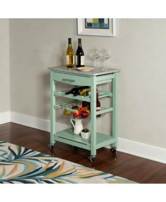 Granite top pine kitchen storage cart with casters and drawers