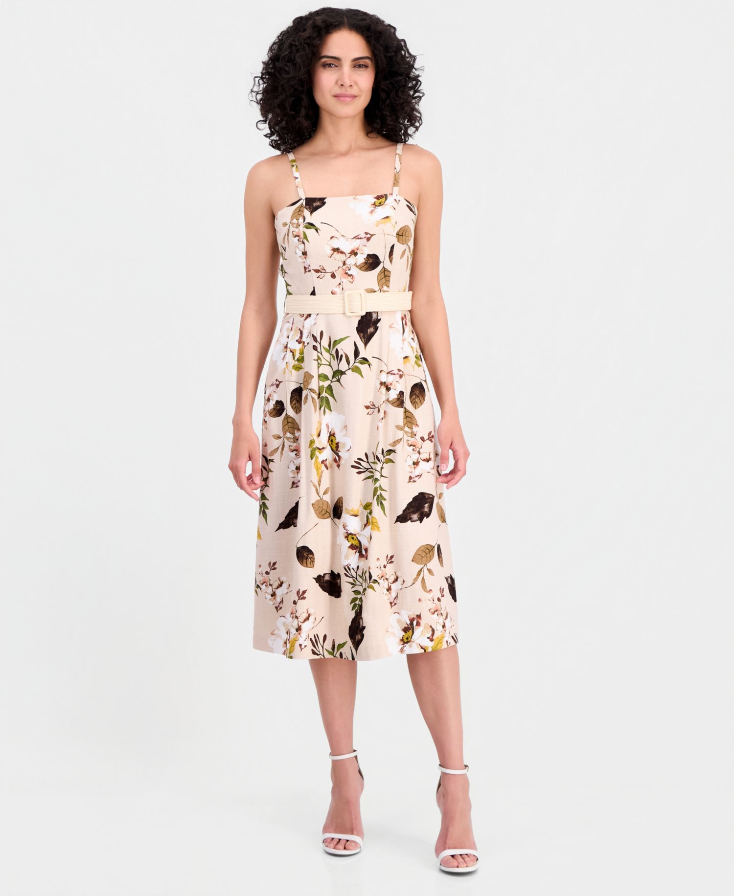 Women's Printed Belted Sleeveless Linen Blend Dress