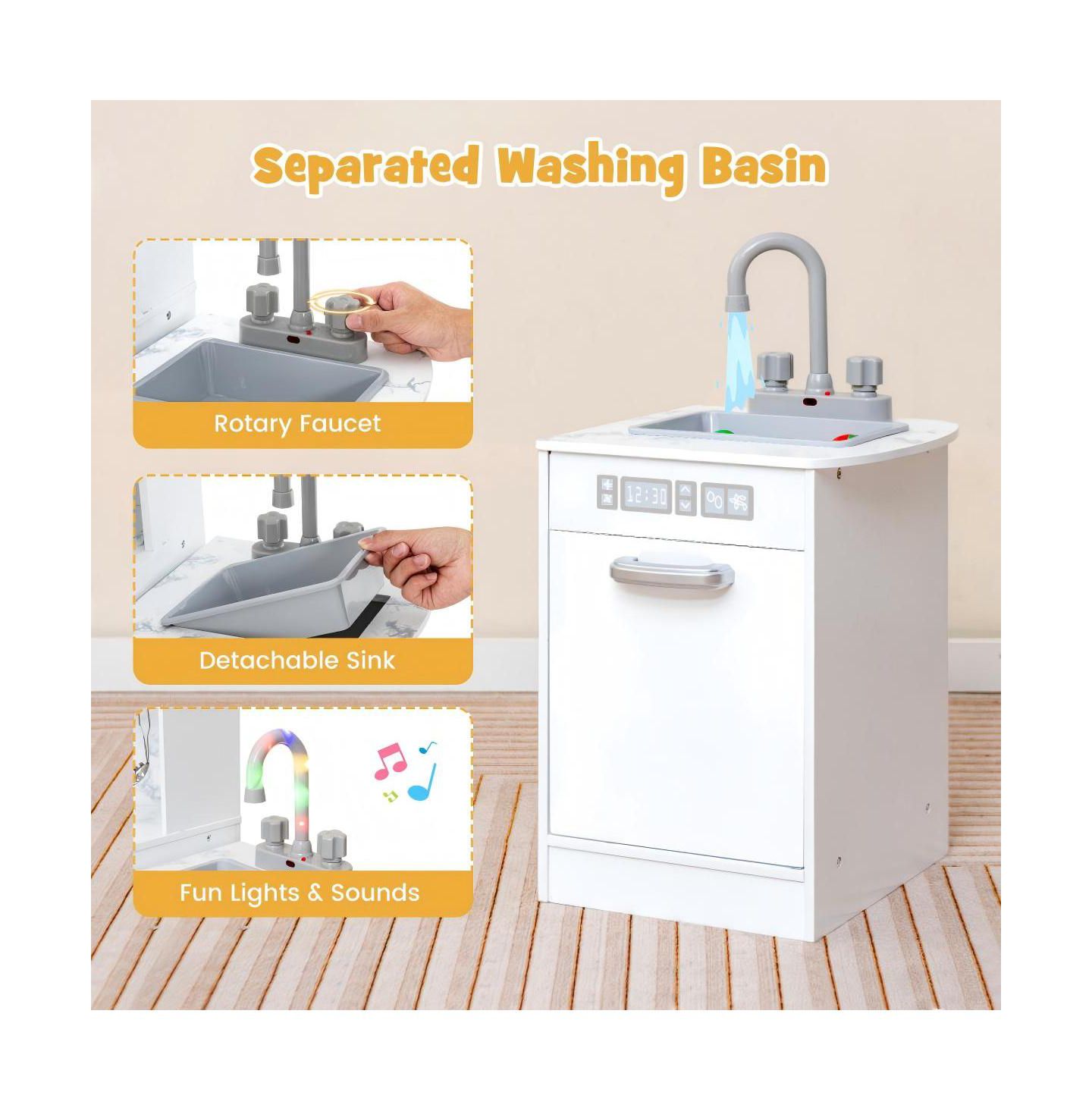 Детская игрушка HONGGE Corner Kitchen with Separated Washing Basin 16-Piece Playset, Ages 3+, цвет: Белый — фото 8