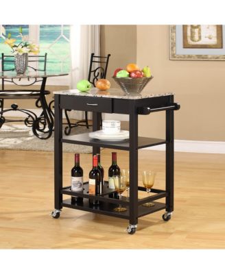 Faux Marble with Wood Kitchen Buffet Serving Cart, Black Finish