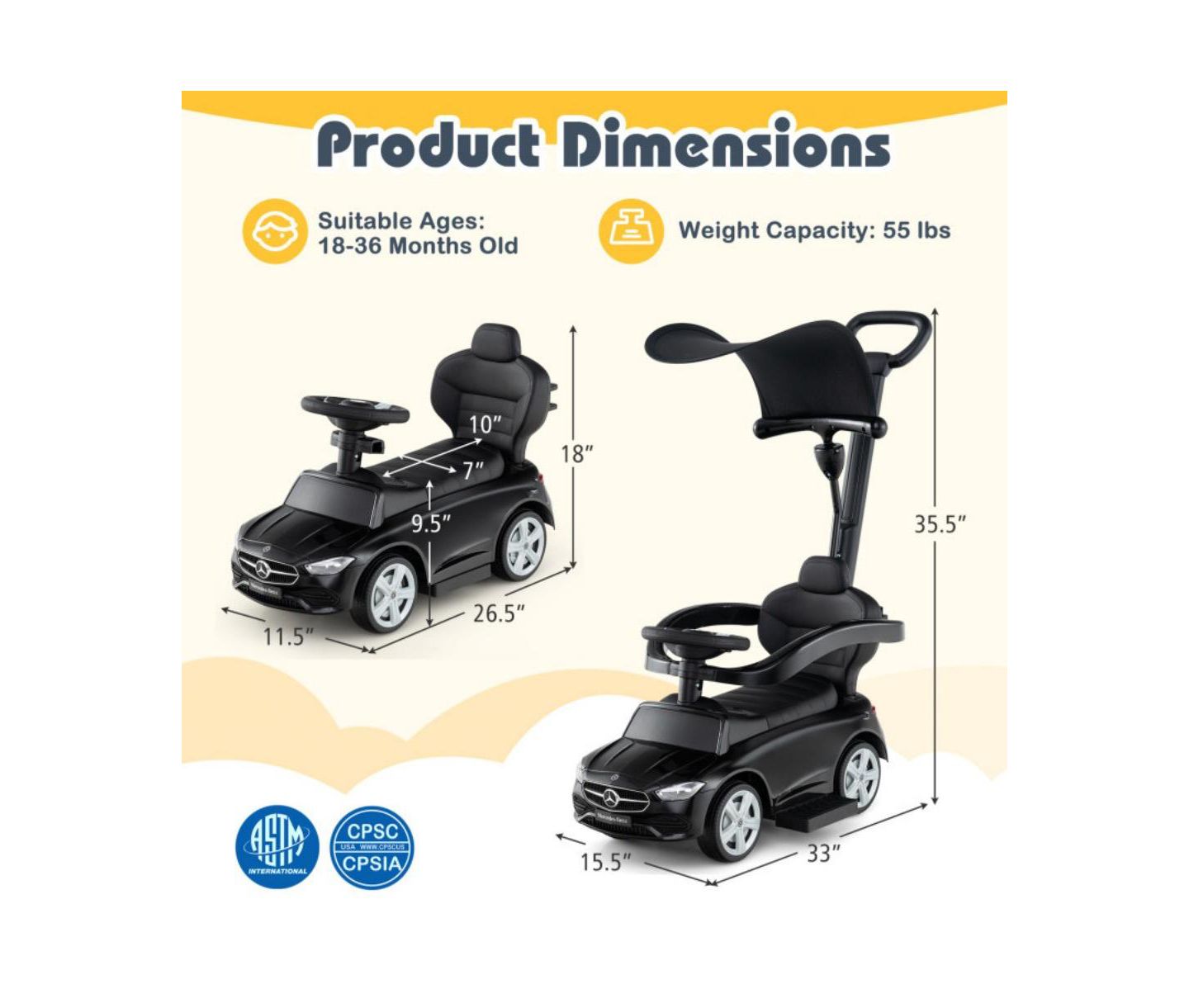 Детская игрушка HONGGE 3-in-1 Licensed Push Ride-On Car with Canopy, 33"L x 15.5"W x 35.5"H, 1-Player, Ages 18-36 Months, цвет: Чёрный — фото 3