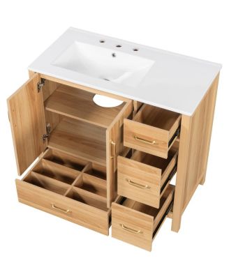 36 Inch Bathroom Vanity with Ceramic Sink, Solid Wood & MDF, 4 Soft Close Drawers, Ample Storage for Small Spaces
